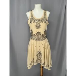 Beaded Flapper Dress Womens Small Cream Sequin Art Deco 20s Gatsby Party Short